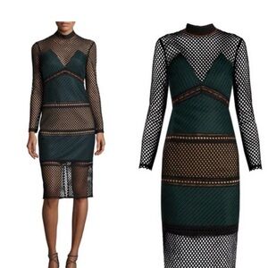 Self-Portrait Black and Green Mesh Long Sleeve Dress